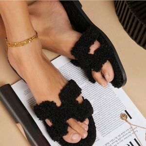 Black Fuzzy Women's Sandals